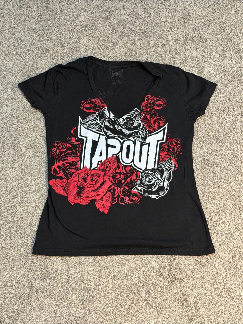 Tapout Black V-Neck Tee with Red & White Floral Graphic